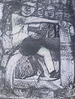 Title:-Riding in Scooter. ( Dark series.) Mixed media on paper. Size:- 27.5X35Cm. Creation year 2024.