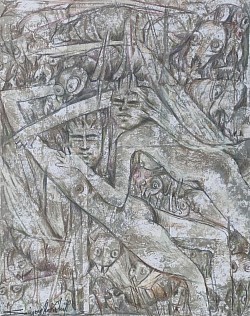 Title:- Couple in soil. ( Dumbed in Crowd Series.), Mix media on paper. Size:- 27.5X35Cm. Creation year:- 2023.