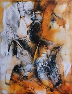 Title:-Owl & Myself.  ( Dark series.) Mixed media on paper. Size:- 27.5X35Cm. Creation year 2024.