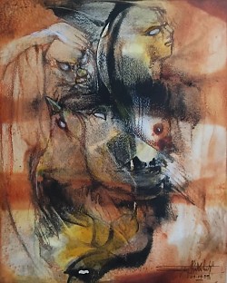 Title:-With polymorphous.  ( Dark series.) Mixed media on paper. Size:- 27.5X35Cm. Creation year 2024.