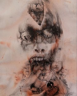 Title Man eater.  ( Dark series.) Mixed media on paper. Size:- 27.5X35Cm. Creation year 2024.